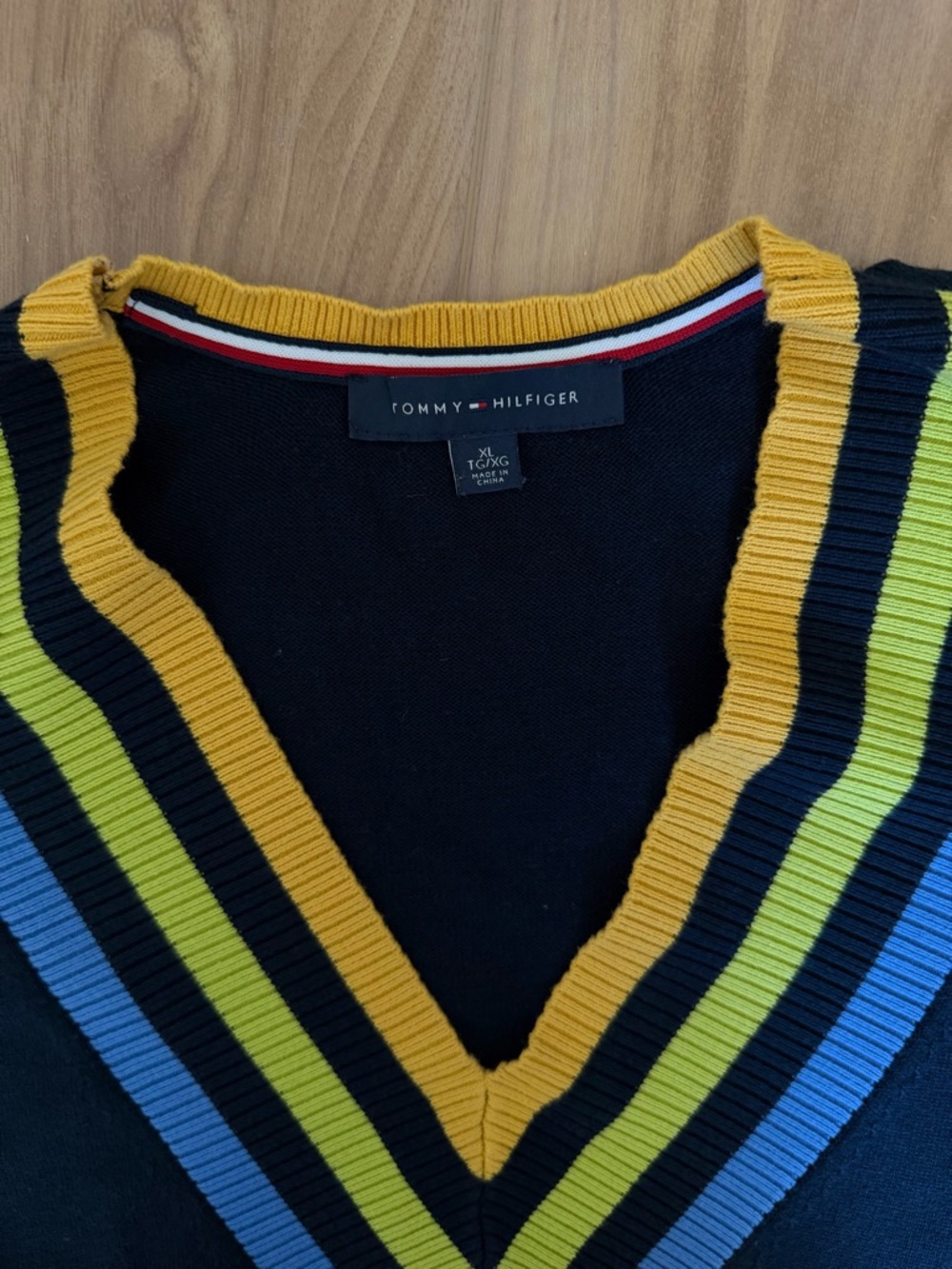 Tommy Hilfiger Black V-Neck Sweater with Blue, Yellow & Lime Stripes - Picture 3 of 3
